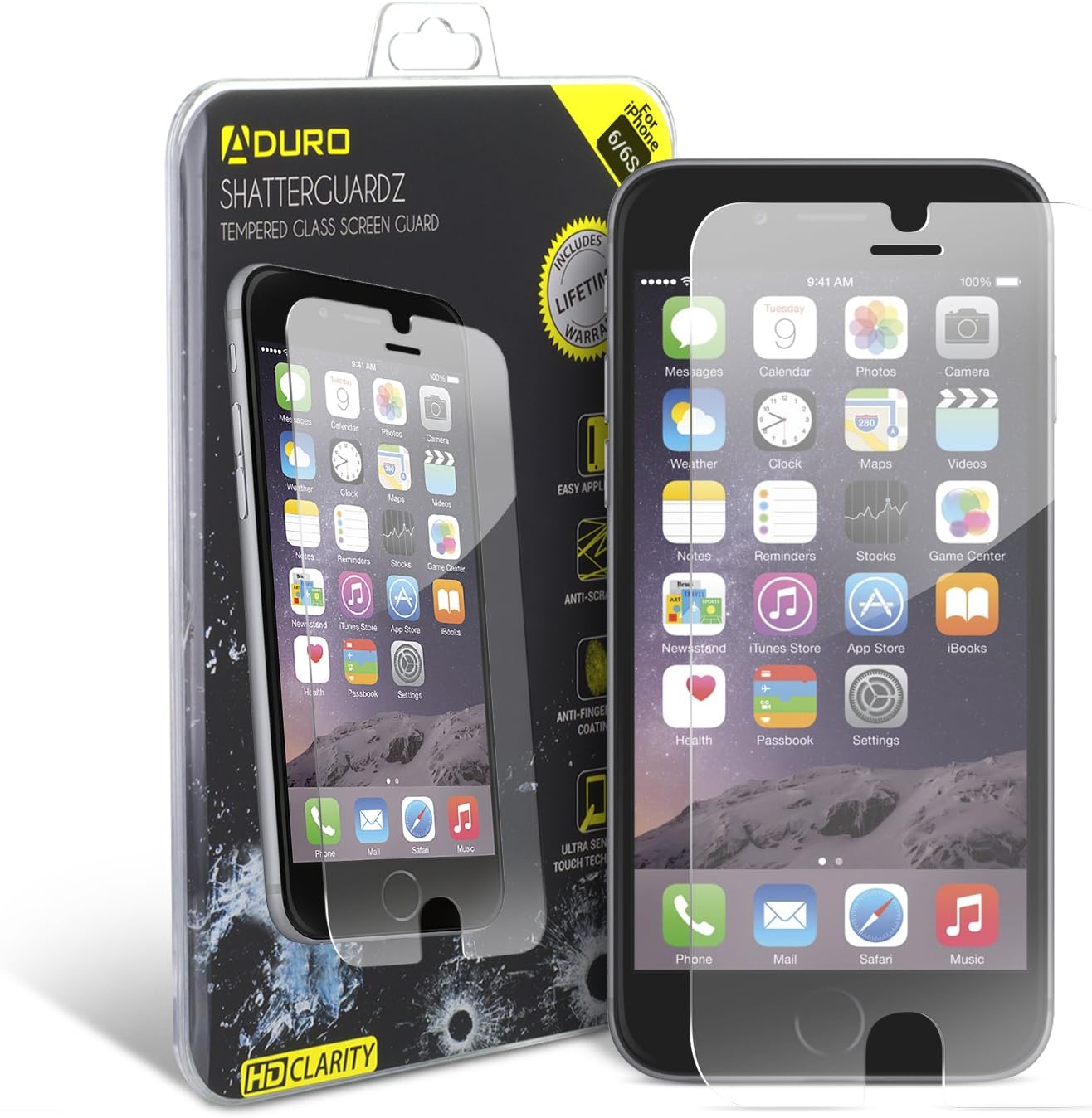 iPhone 6 Plus / 6S Plus Tempered Glass Screen Protector - Aduro Shatterguardz Anti-Scratch, Anti-Fingerprint Coating, Ultra-Sensitive Touch Tech for Apple iPhone 6 Plus / 6S Plus