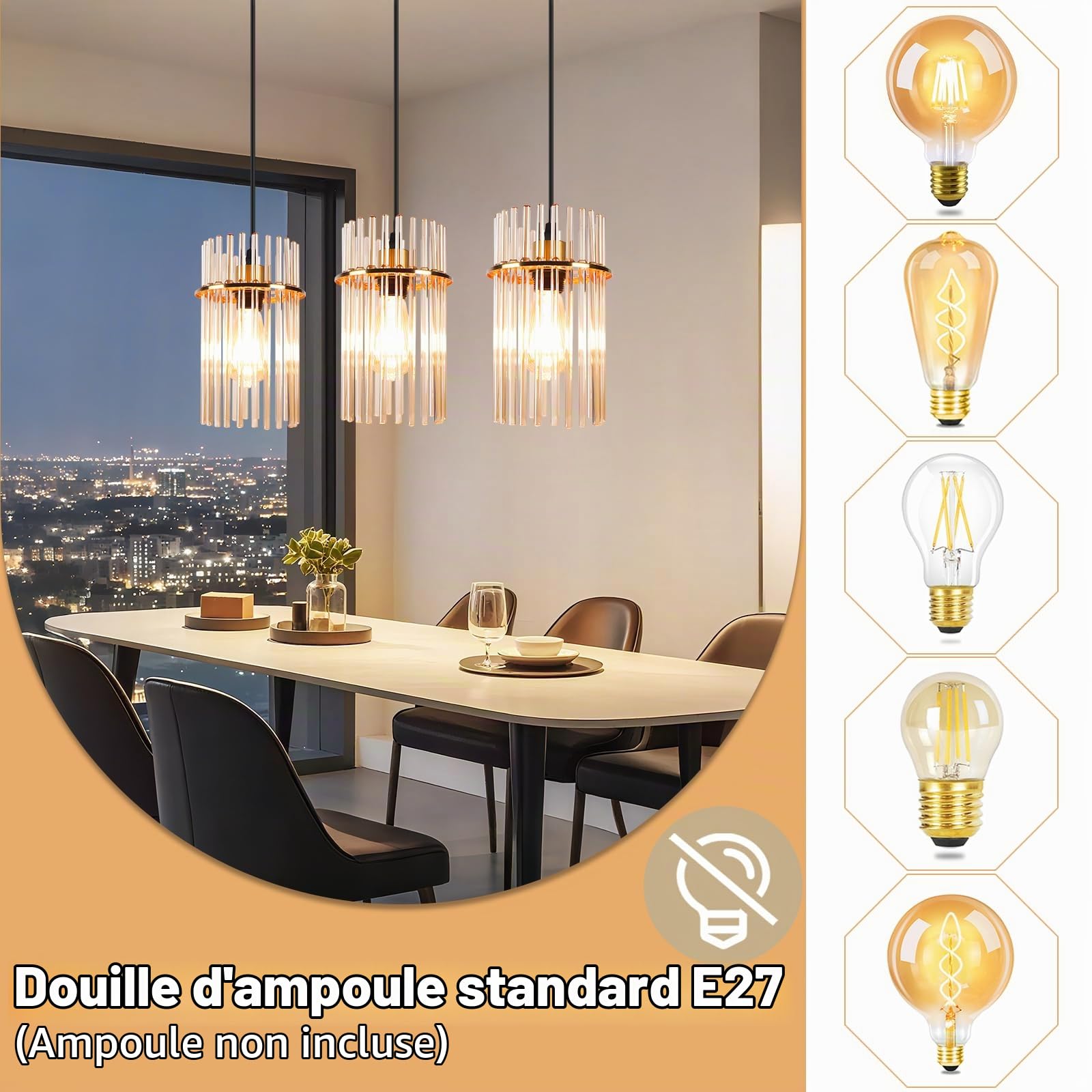 Suspension Luminaire 3 Lampe Verre Lustre Cuisine Doré E27