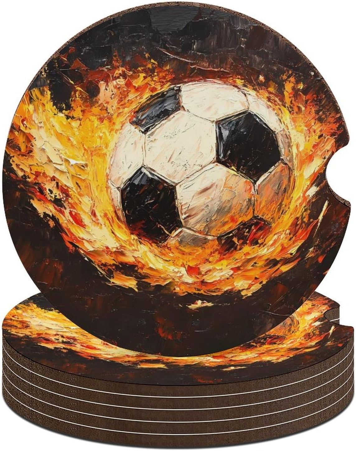 Soccer Ball On Fire Car Cup Holder Coaster with Cork Base 2.6 Inches Anti Slip