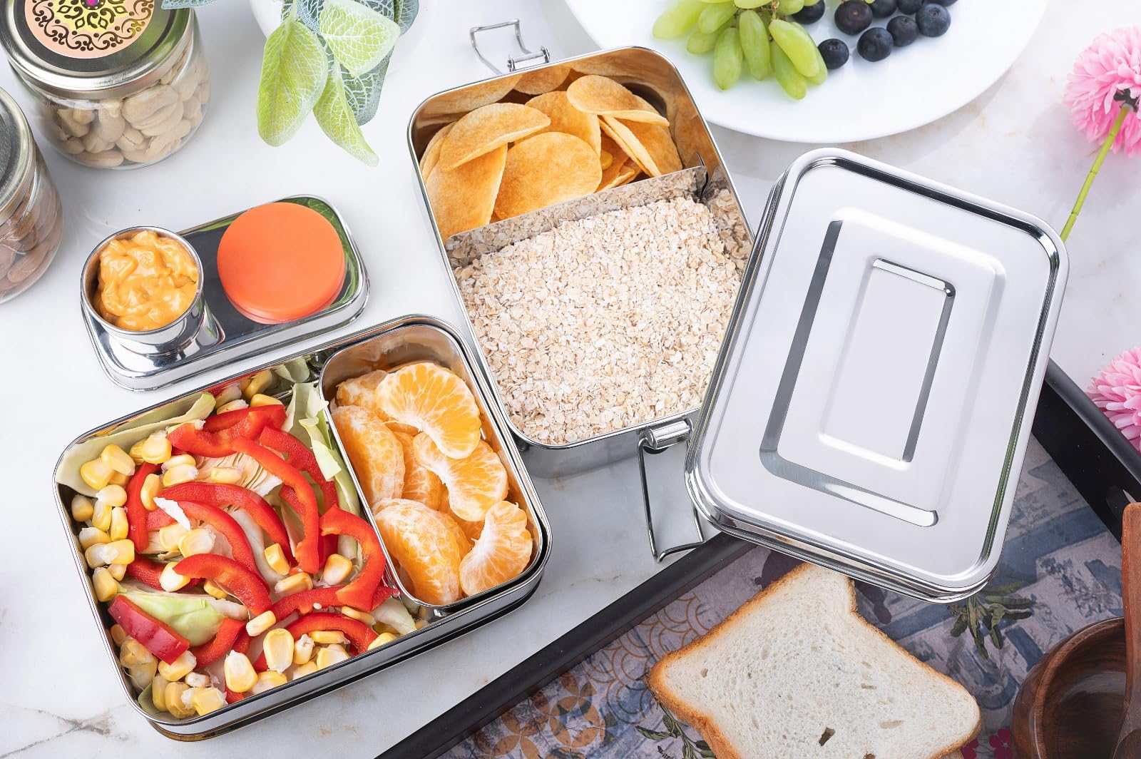 Bento Box per adulti in acciaio inox, 2,3 l, impilabile, con contenitore per salse e snack, a prova di perdite, lavabile in lavastoviglie, coperchio in acciaio inox, contenitore