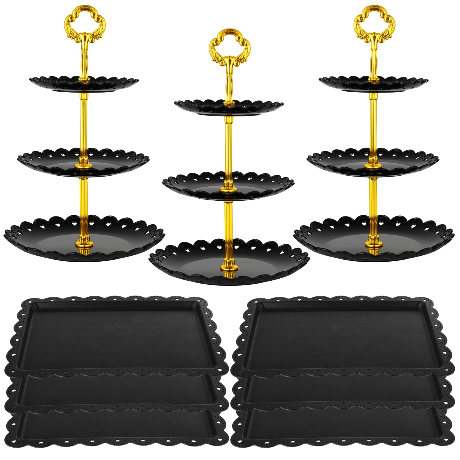 Set di 9 espositori da dessert da tavola, 3 supporti per cupcake a 3 livelli e 6 vassoi quadrati da dessert, eleganti vassoi per frutta per compleanni, matrimoni, tea party, Halloween