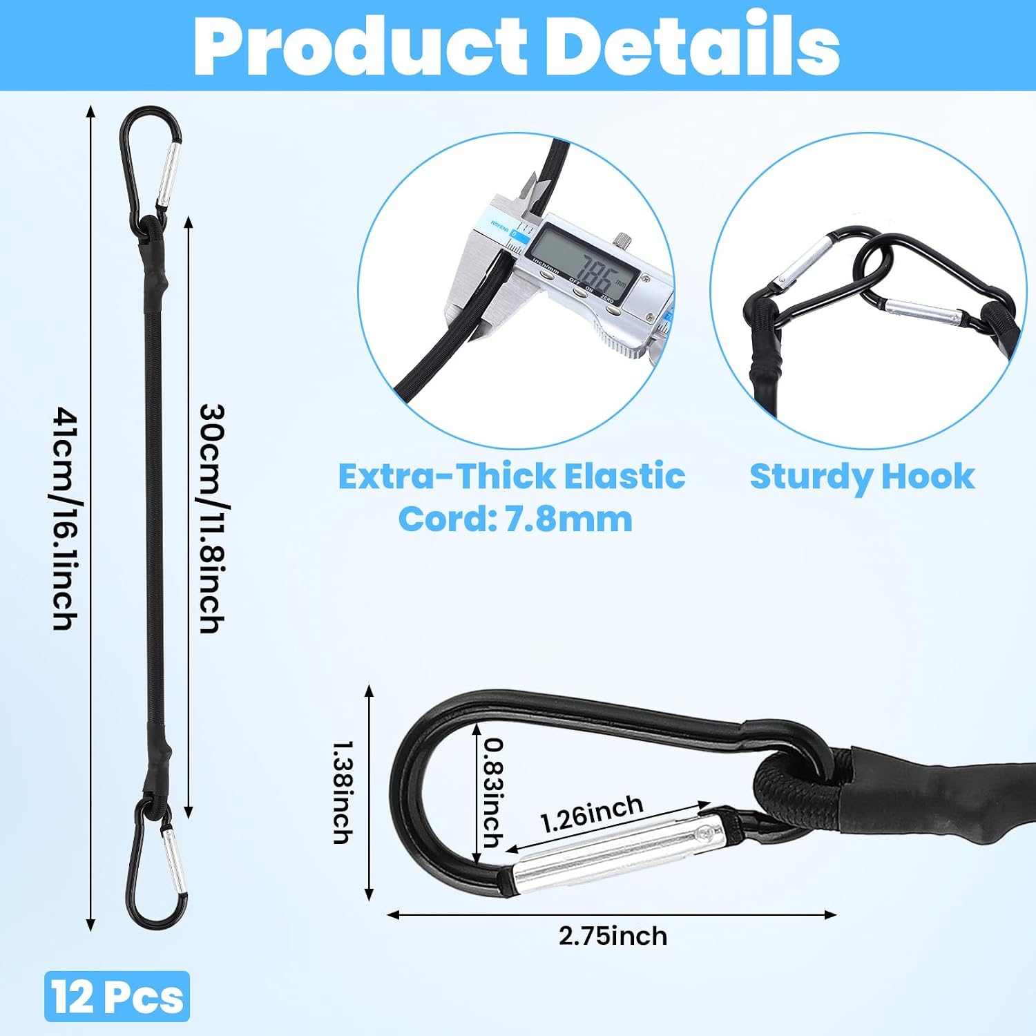 12 Pack Bungee Cords Heavy Duty Outdoor, 12 Inch Bungee Cords with Hooks, Adjustable Carabiner Straps, High Break Strength for Cargo, Bike, Camping Gear, Luggage Rack, Hand Carts