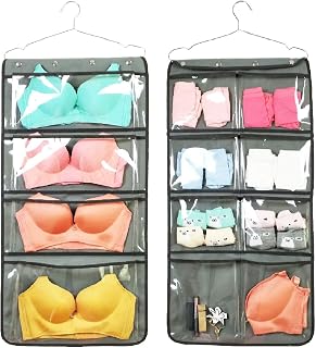NIMES Durable Hanging Closet Underwear Sock Bra Stocking Organizer Dual-Sided Accessories Storage With 12 Large Clear Pockets (GREY)