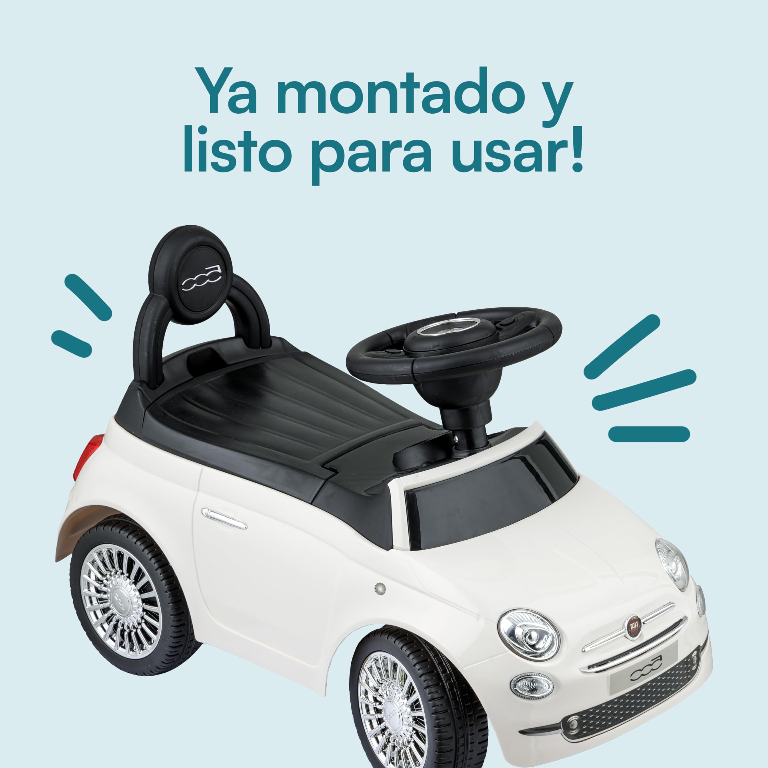 Baroni Toys Fiat 500 Coche de Paseo para Niños de 12 a 36 Meses, Volante con Claxon y Sonidos, Compartimento Portaobjetos y Respaldo, Coche Infantil para Aprender a Andar, Blanco, 28x60x23 cm