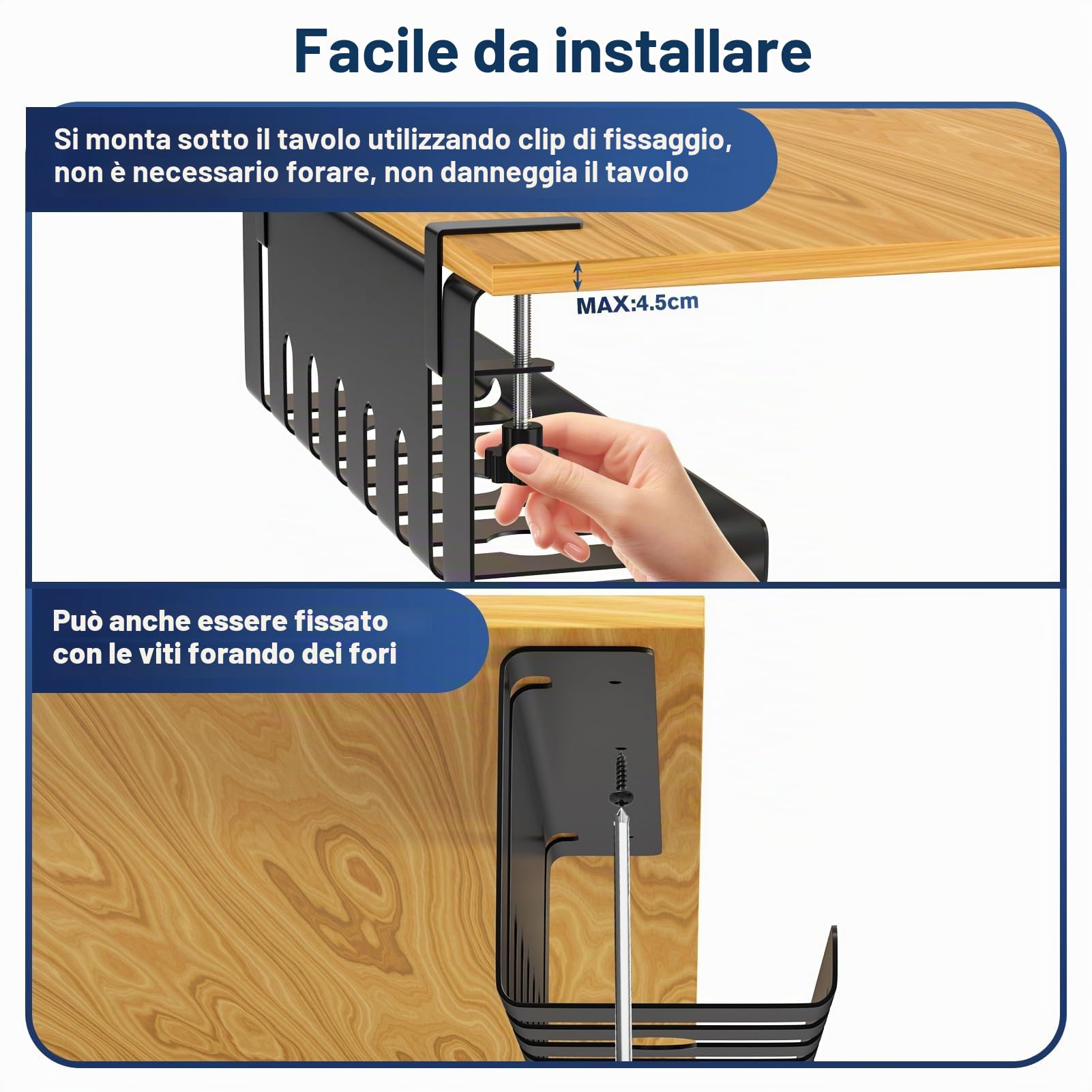 Raccogli Cavi Scrivania, Set di 2 Canalina Passacavi, Nascondi Canali Organizer Cavi da Tavolo Senza Foratura, 43cm Portacavi Sotto Scrivania - Nero