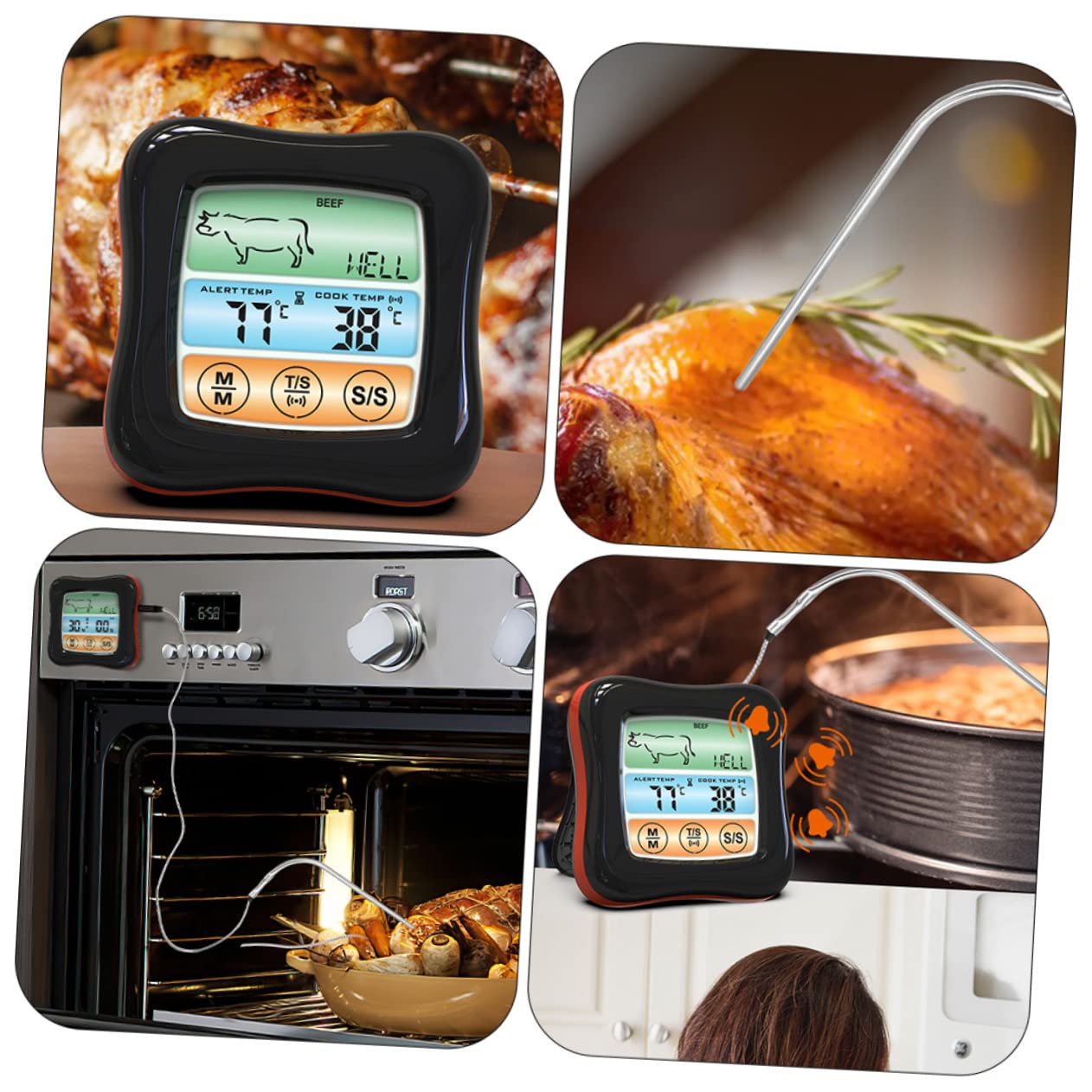 Termómetro Digital de Cocina Temporizador, Acero Inoxidable Negro
