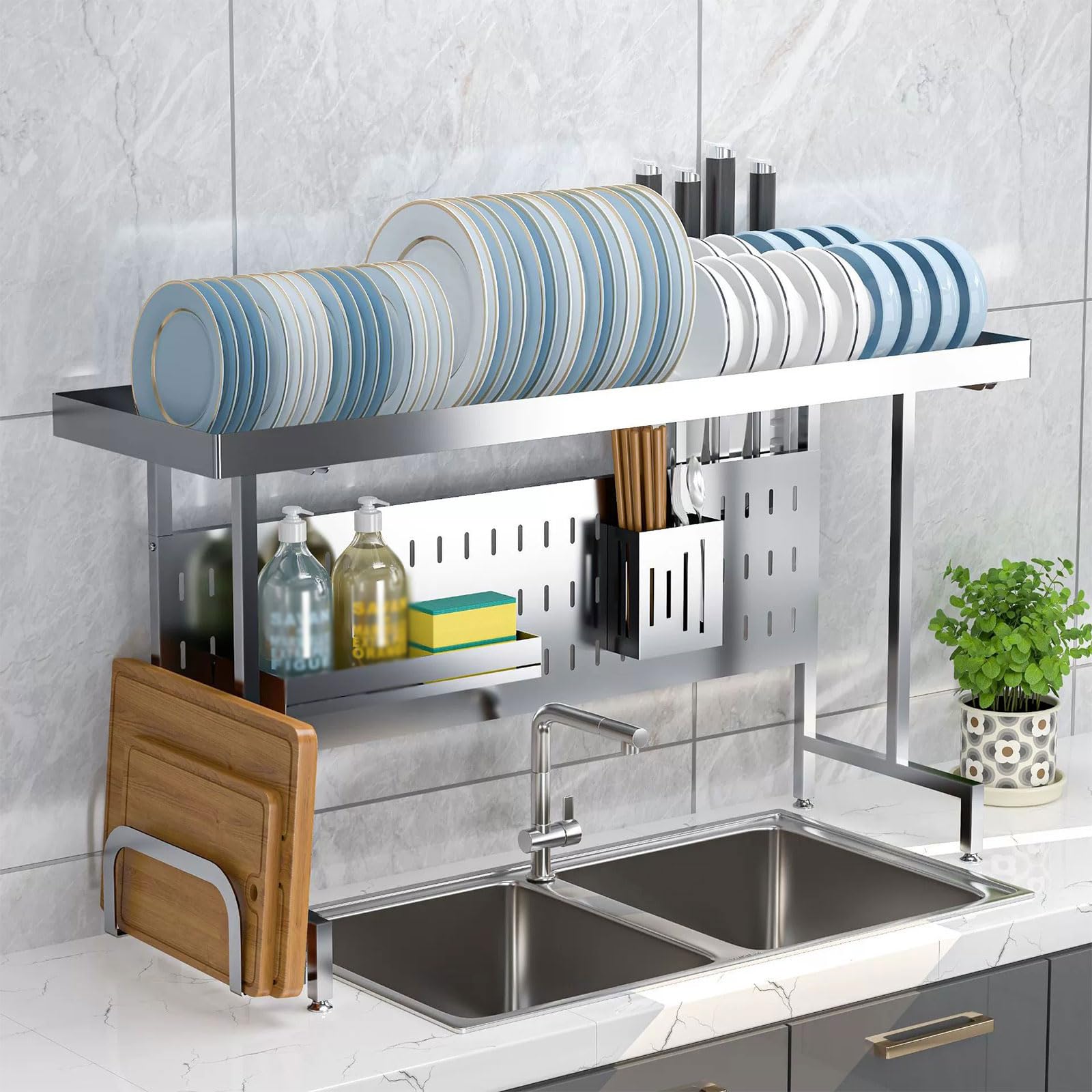 Scolapiatti espandibile in acciaio inox da sopra il lavello, salvaspazio, ideale per piatti, ciotole e pentole, design per un'asciugatura efficiente