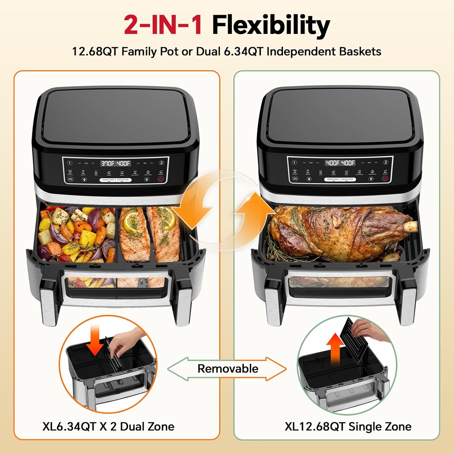 1600W Dual Zone Air Fryer Oven,12.69QT with Divider,Nonstick & Dishwasher-Safe Basket,Match Cook & Smart Finish to Roast,Recipes for Easy Cooking,Digital Touchscreen,Metal Sliver