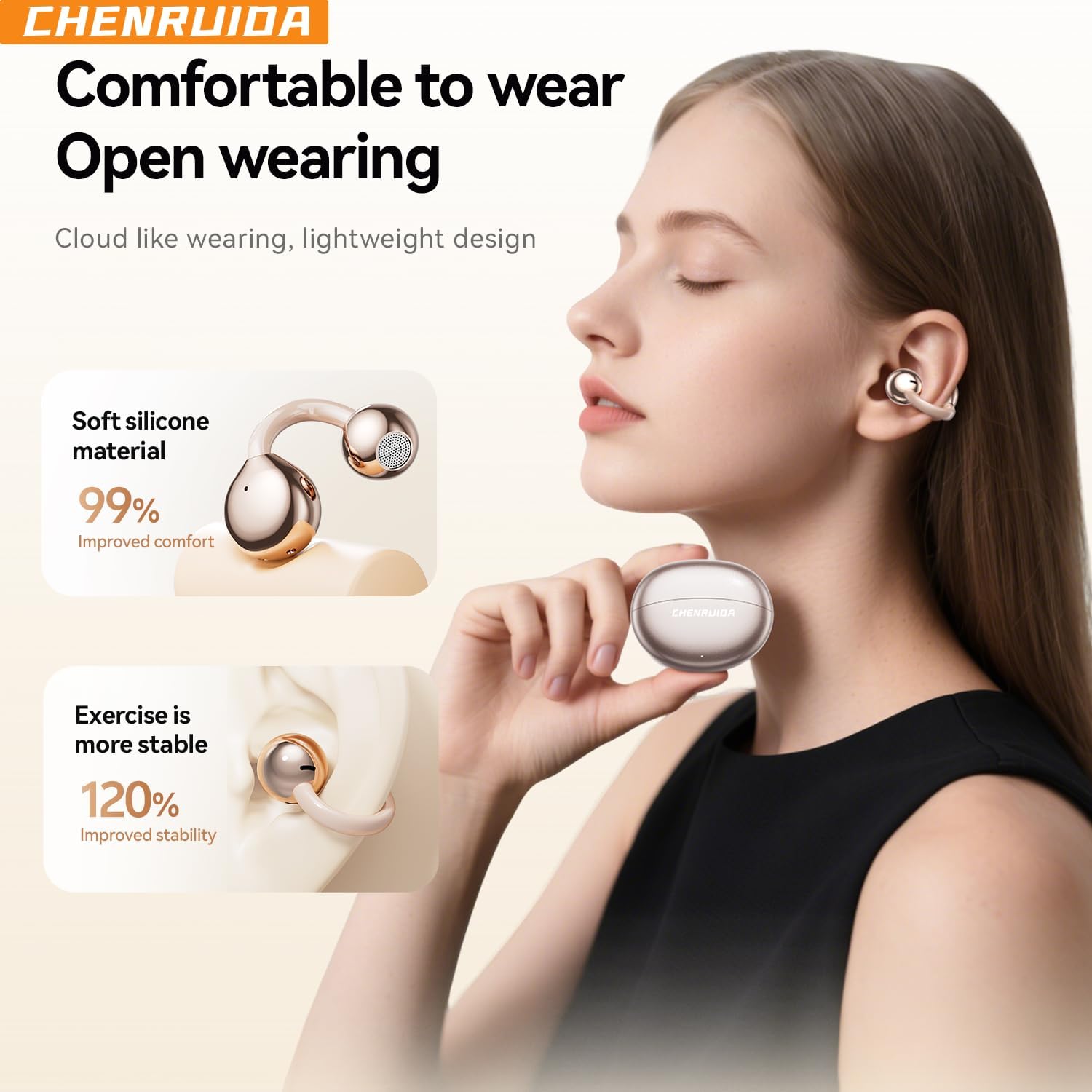 Clip On Open Ear Earbuds Bluetooth 6.0, Wireless Ear Clip Headphones for Women & Small Ears, Lightweight Secure Fit, 24H Playtime Charging Case, Stylish Sports Earbuds for Daily Use（Rose gold）