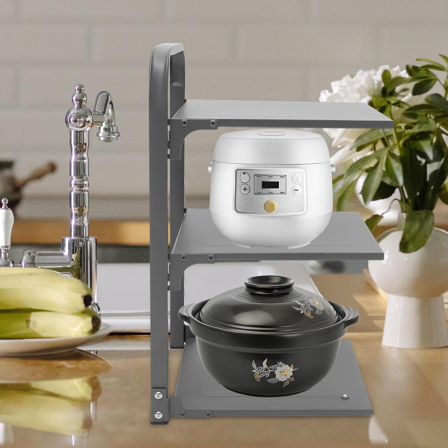 BESPORTBLE Foldable Carbon Steel Pot Rack for Kitchen Cabinet Organizer Rust-resistant Pan Storage Shelf Space-saving Under Sink Holder for Cookware and Spice Bottles