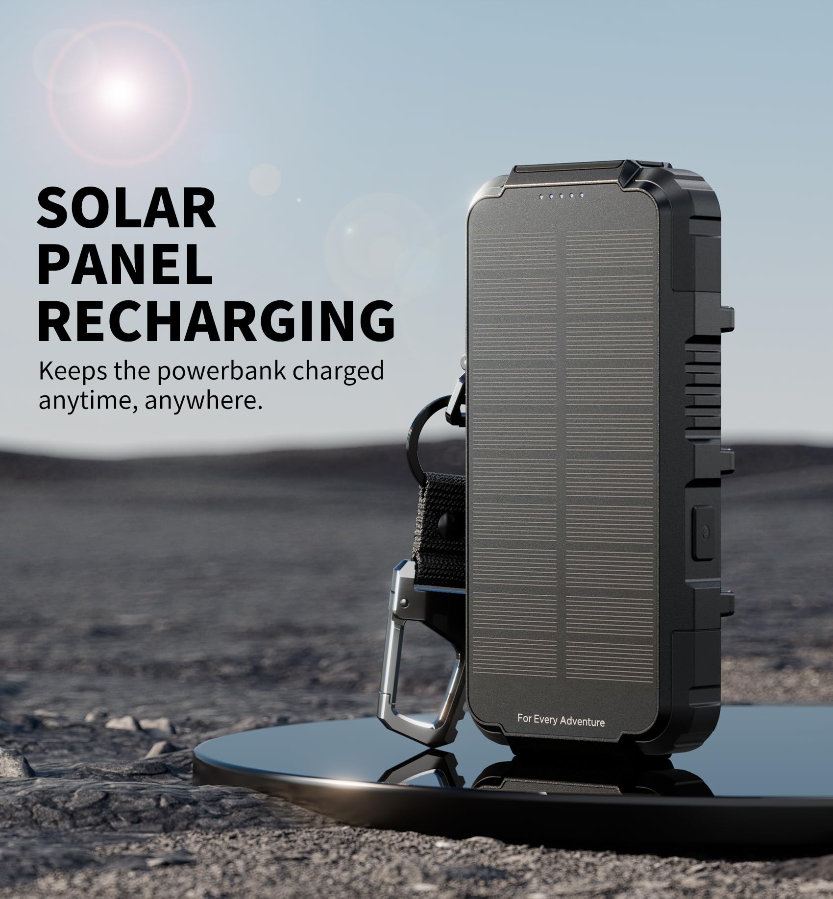Dexnor Solar Powerbank 27.000 mAh mit 65W PD3.0 & QC3.0 Schnellladung, Tragbarer Externer Akku mit Wireless Charging, Taschenlampe und Karabiner - Kompatibel mit MagSafe & Qi