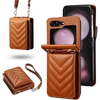 Case for Samsung Galaxy Z Flip 7 Hybrid PC and Leather Protection Card Case + with Adjustable Removable Cord Anti-Drop Mobile Phone Case for Samsung Galaxy Z Flip 7 Brown