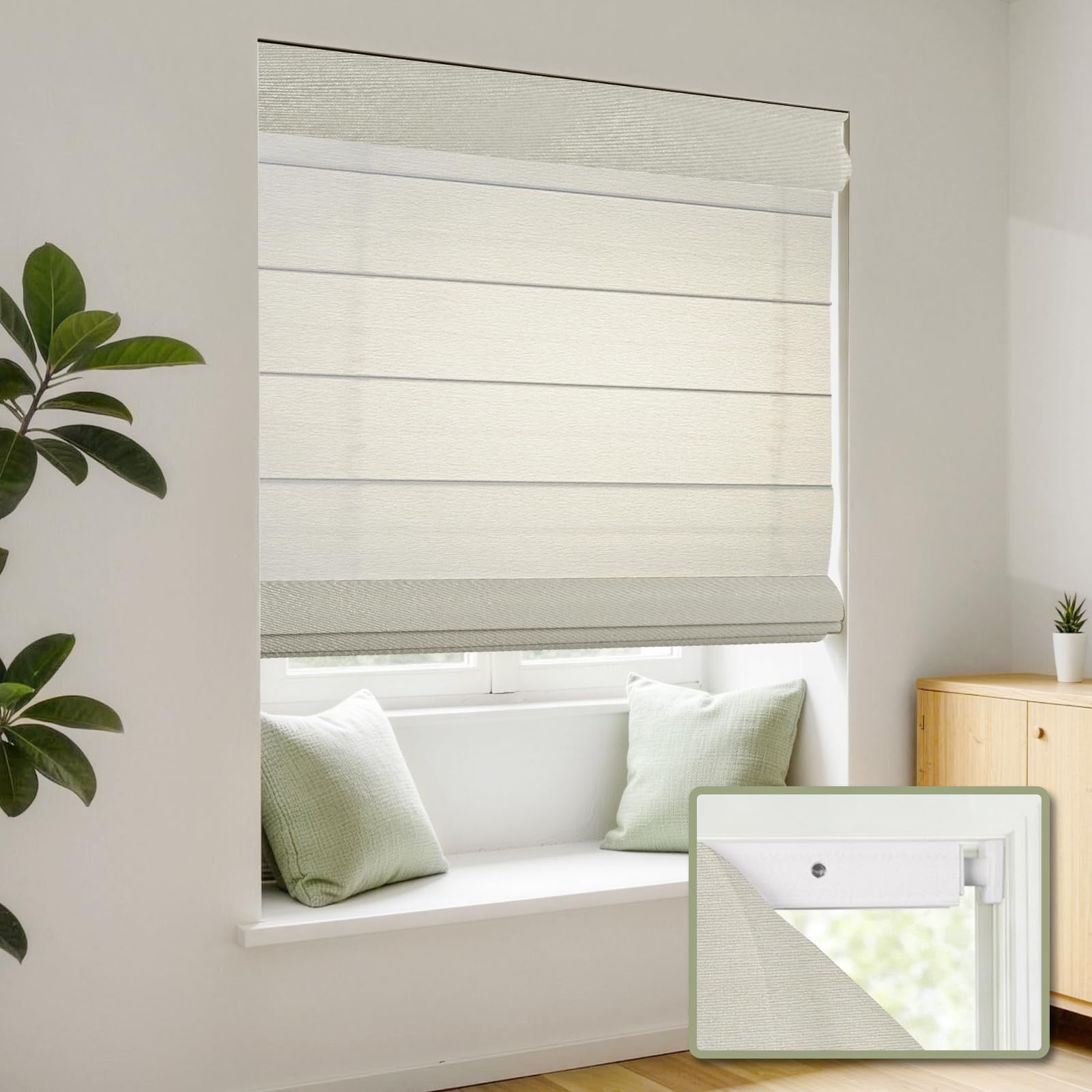 Atxbyoh No Drill Cordless Roman Shades for Windows No Tools Roman Shades, Blinds for Indoor Windows, UV Protection (Light Filtering-Off White, 32" W x 48" H)