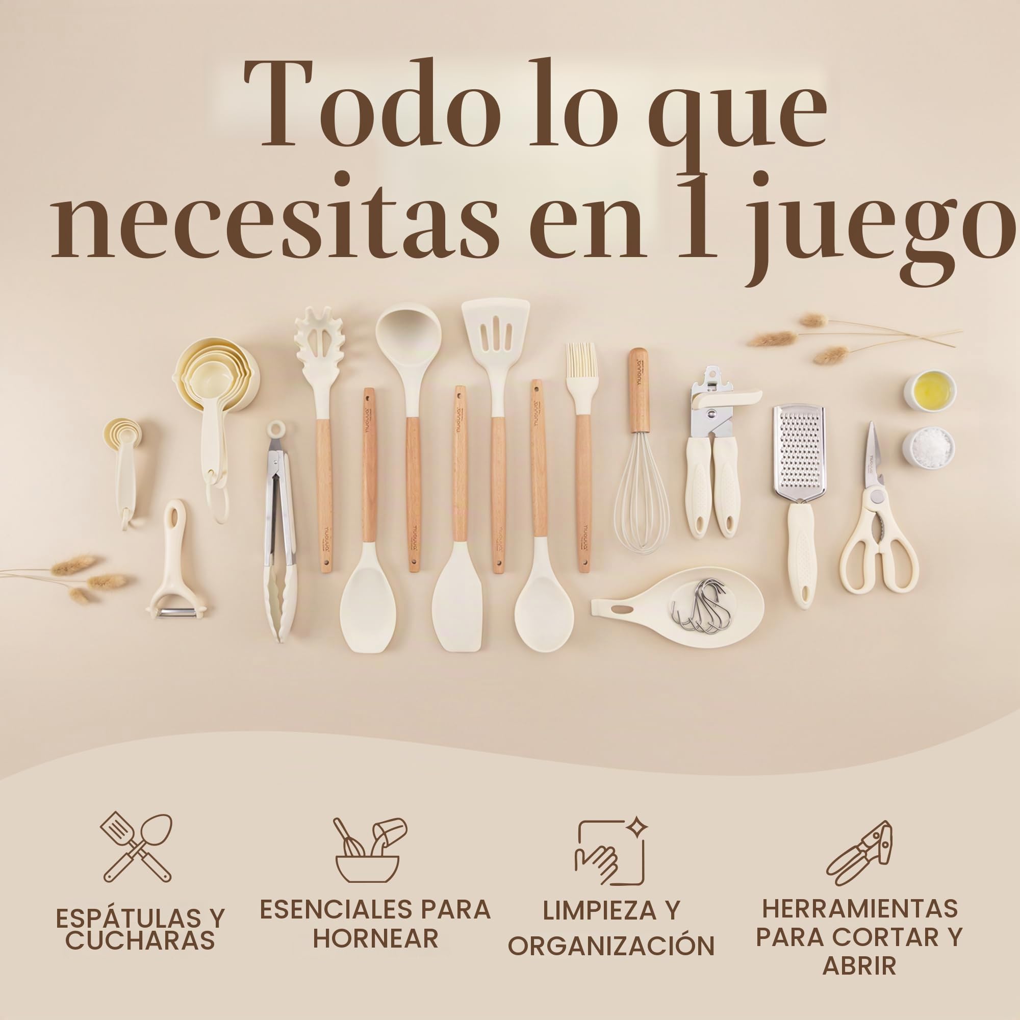 Juego de utensilios de cocina antiadherentes, utensilios de silicona resistentes al calor con mango de madera, cucharones, cucharas y espátulas
