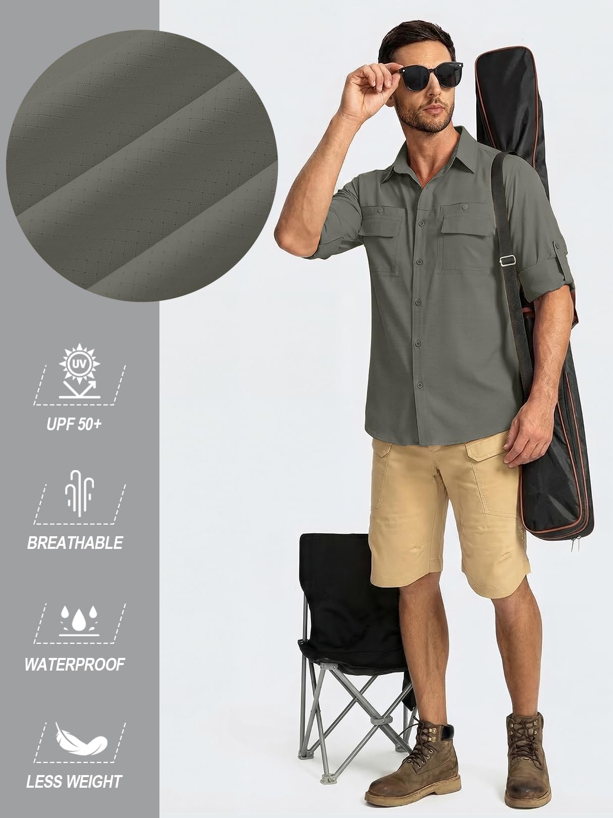 Camisas de pesca con protección solar para hombre, manga larga, para viajes, UPF 50+, UV, secado rápido, para safari, camping, senderismo, camisas con botones