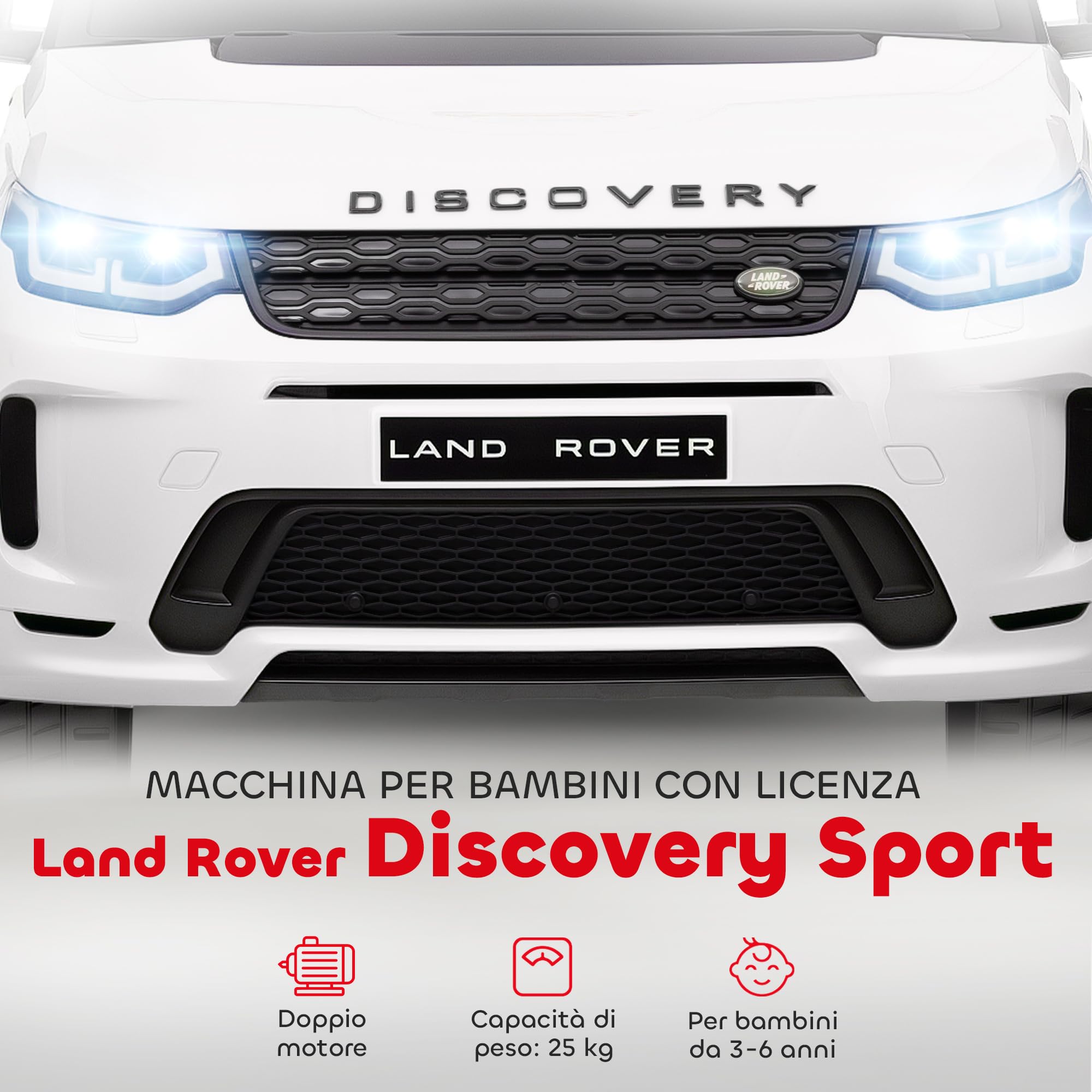 AIYAPLAY Macchina Elettrica per Bambini 3-6 Anni 12V Licenza Land Rover Discovery, 3-5km/h Auto Elettrica per Bambini con 2 Motori, Telecomando, Cintura, Musica, Clacson e Fari, Bianco