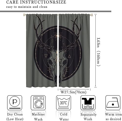 Vista 495 de Cortinas de cabeza de cabra, misteriosa cabeza de cabra malvada, calavera negra, bolsillo para barra, cortinas opacas para ventana, juego de 2