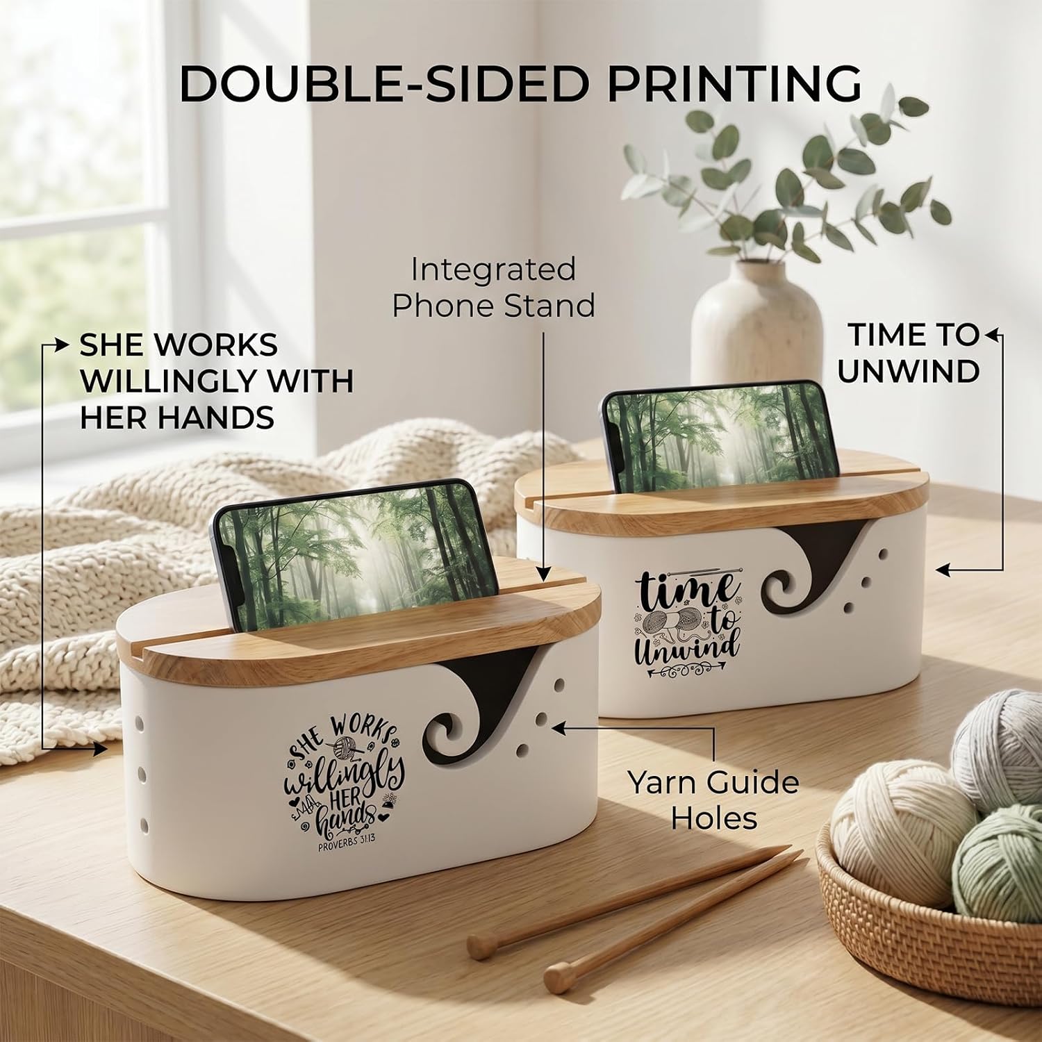 Large Yarn Bowl for Crocheting - Double-Sided Quote Crochet Storage Bowl & Wooden Yarn Holder - Yarn Storage & Knitting Accessories, Unique Gifts for Crocheters and Knitters (White)