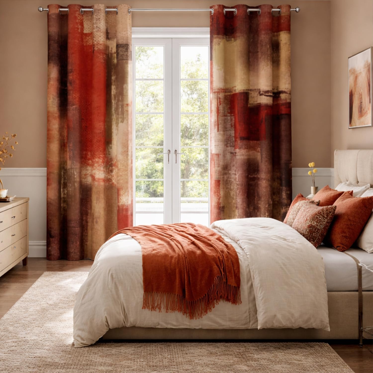 Burnt Orange Blackout Curtains, Abstract Brown Black Modern Window Drapes 2 Panels for Bedroom Living Room, Grommet Top Room Darkening Curtains Home Decor 52'' x 84''