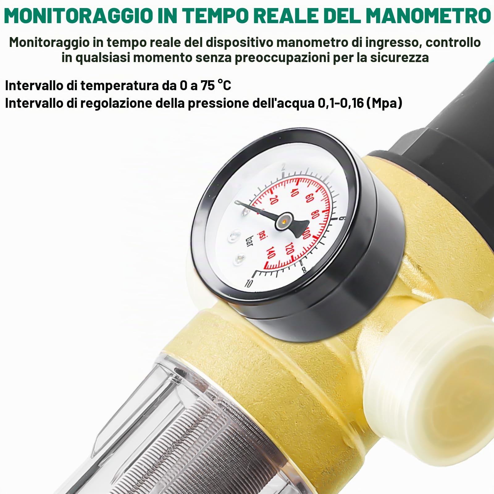 Riduttore di pressione acqua 3/4 pollici DN 20, filtro di risciacquo con riduttore di pressione e manometro, riduttore di pressione dell'acqua in ottone riutilizzabile, per la regolazione della