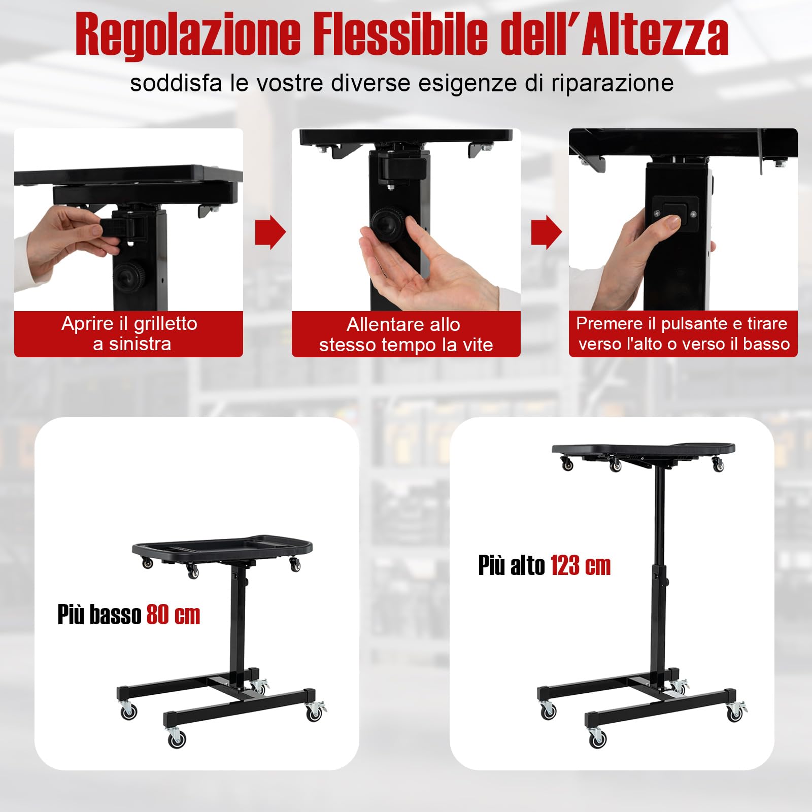 COSTWAY Vassoio Organizer per Attrezzi 2-in-1 con 4 Ruote, Carrello Porta Attrezzi Regolabile in Altezza con Vassoio, Carrello per Attrezzi da Meccanico Portatile per Garage e Officina, Nero