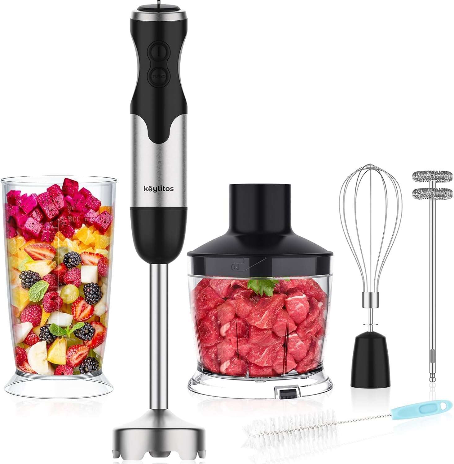 Keylitos 5 in1 Immersion Hand Blender, Powerful 12 Speed Handheld Stick Blender with 304 Stainless Steel Blades, Chopper, Beaker, Whisk and Milk Frother for Smoothie, Baby Food, Puree, Soup Keylitos 5 in1 Immersion Hand Blender, Powerful 12 Speed Handheld Stick Blender with 304 Stainless Steel Blades, Chopper, Beaker, Whisk and Milk Frother for Smoothie, Baby Food, Puree, Soup
