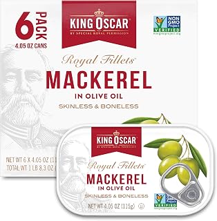 King Oscar Skinless & Boneless Wild Caught Mackerel in Olive Oil, 4.05oz Cans (Pack of 6) - Keto Paleo Mediterranean Diet Friendly
