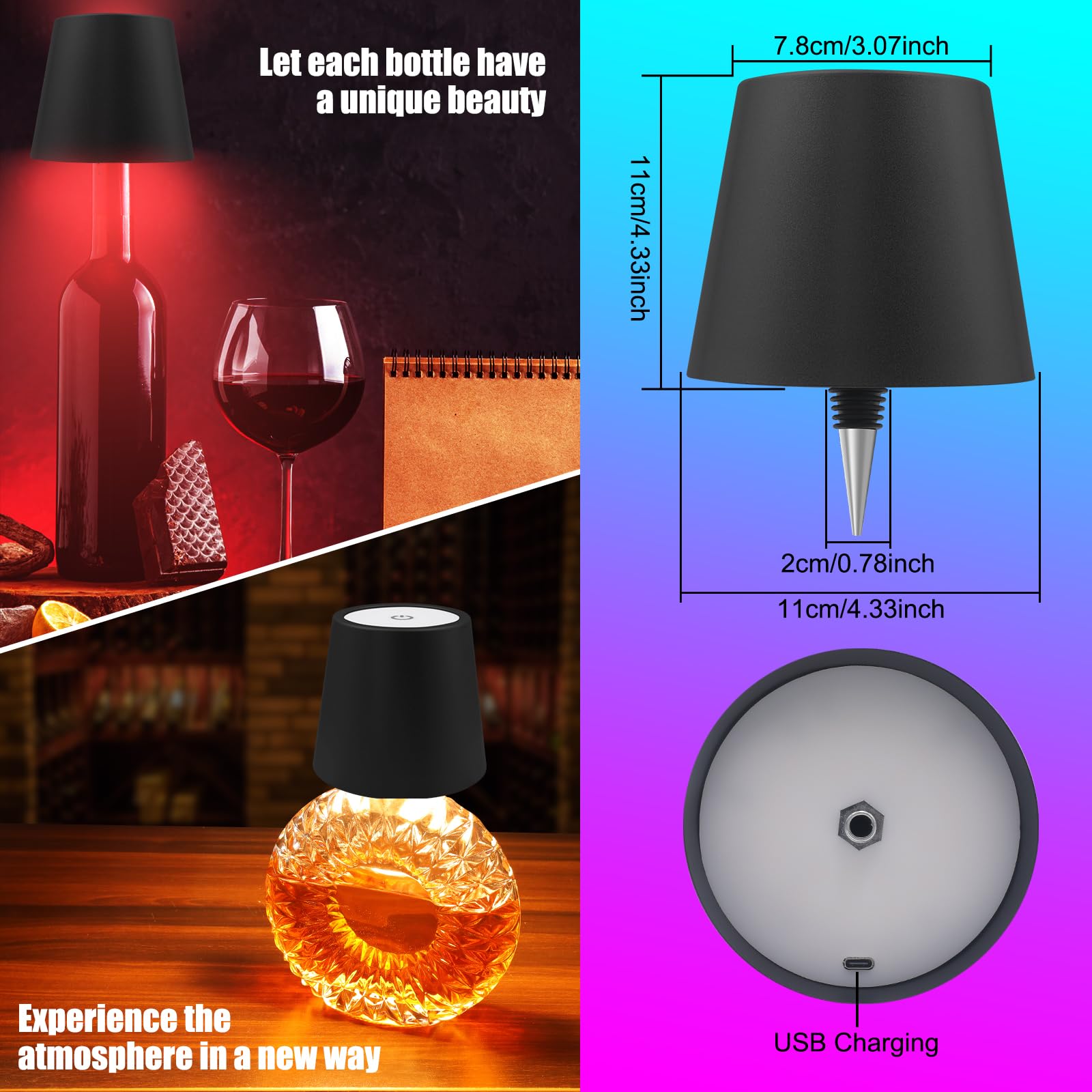 Kabellose Flaschenlampe mit Fernbedienung, wiederaufladbare RGB-Weinflasche mit 3 Modi, Lichtdimmung, wasserdichter Touch-Lampenkopf für Zimmer, Bar, Restaurant und Party-Dekorationen (schwarzes RGB)