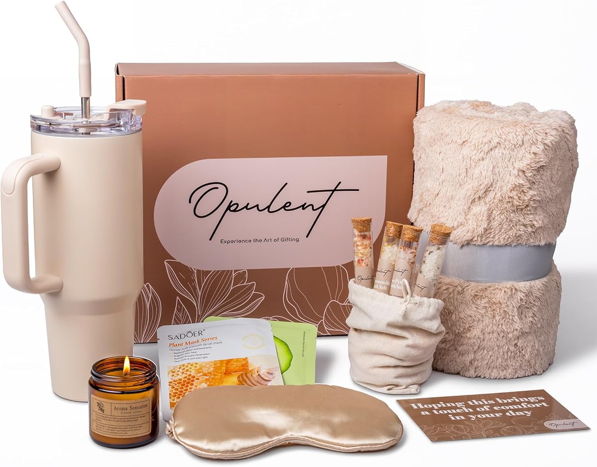 Opulent Self Care Spa Gift Box for Women - Thoughtful Get Well Gift | With a 40oz tumbler, blanket, candle, bath salts & sleep mask - for birthdays, thank you, sympathy & client gifts