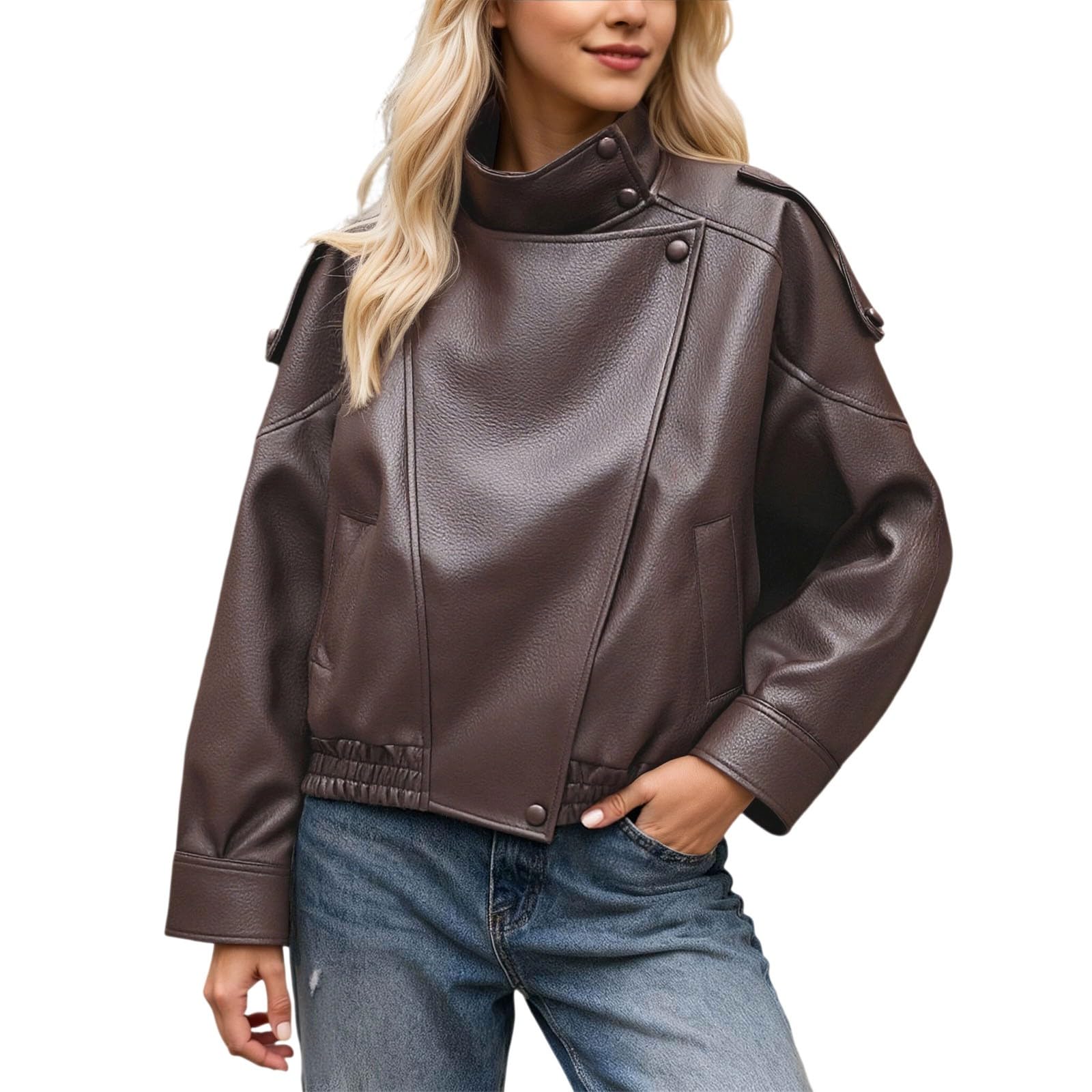 Chubasquero de entretiempo para mujer. Elegante chaqueta de piel sintética para invierno: clásico y versátil abrigo corto con cremallera, cómodo en estilo urbano.