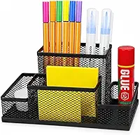 Porta Lápis Organizador de Mesa Caneta Clips Lembrete Multifuncional em Metal Preto com Divisórias para Escritório, Escola e Home Office