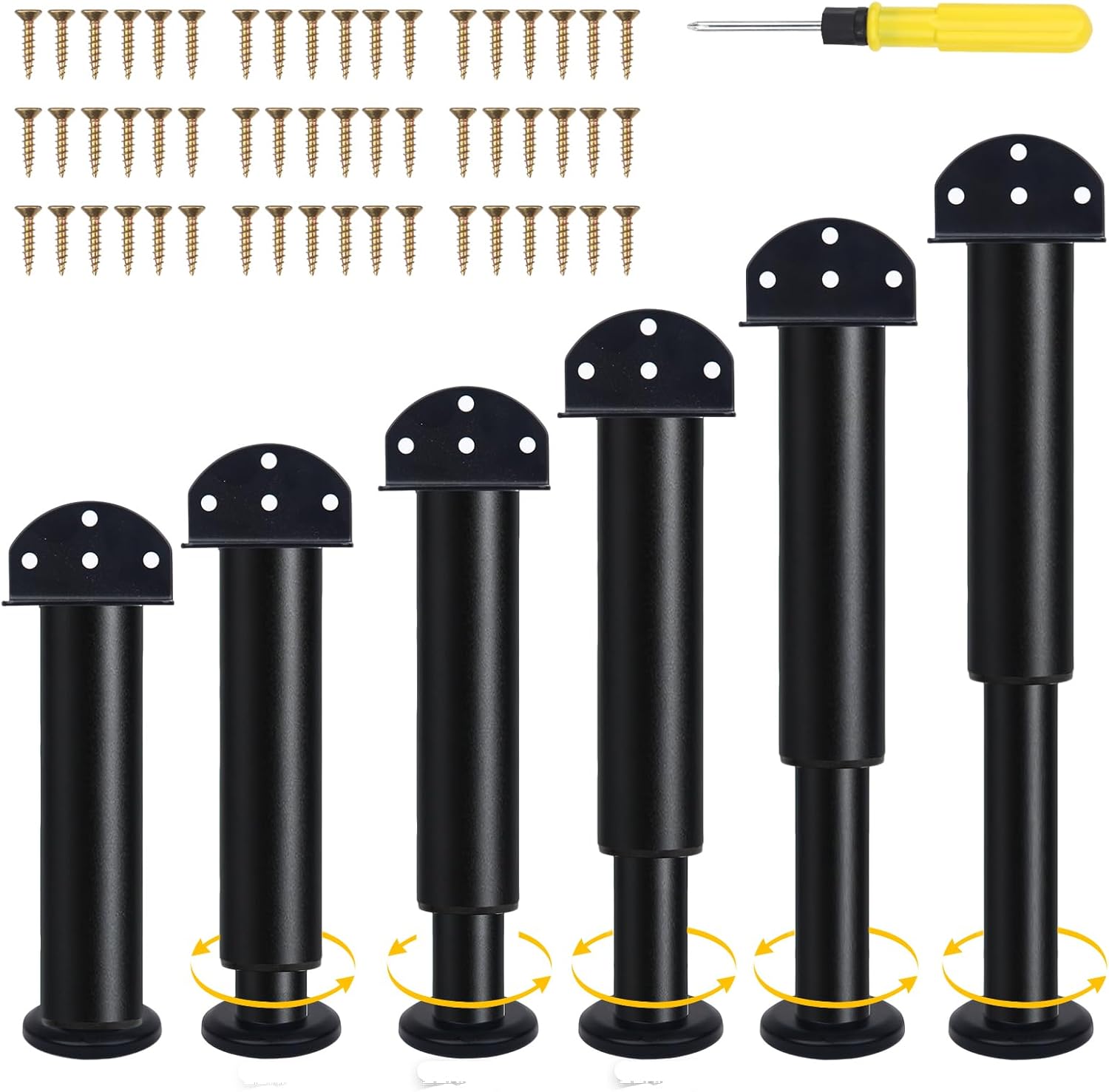 Owfeel 6 Pcs Adjustable L-Shaped Furniture Feet, 7-12.2 Inch Metal Furniture Replacement Legs, Black Furniture Risers with Screwdriver, Support Legs for Bed/Sofa/Cabinet/Dresser/Table (6)
