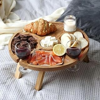 Portable Wooden Picnic Table with Wine Glass Holder - Foldable 2-in-1 Outdoor Snack Tray for Cheese & Fruit, Collapsible Camping Table with Integrated Glass Rack