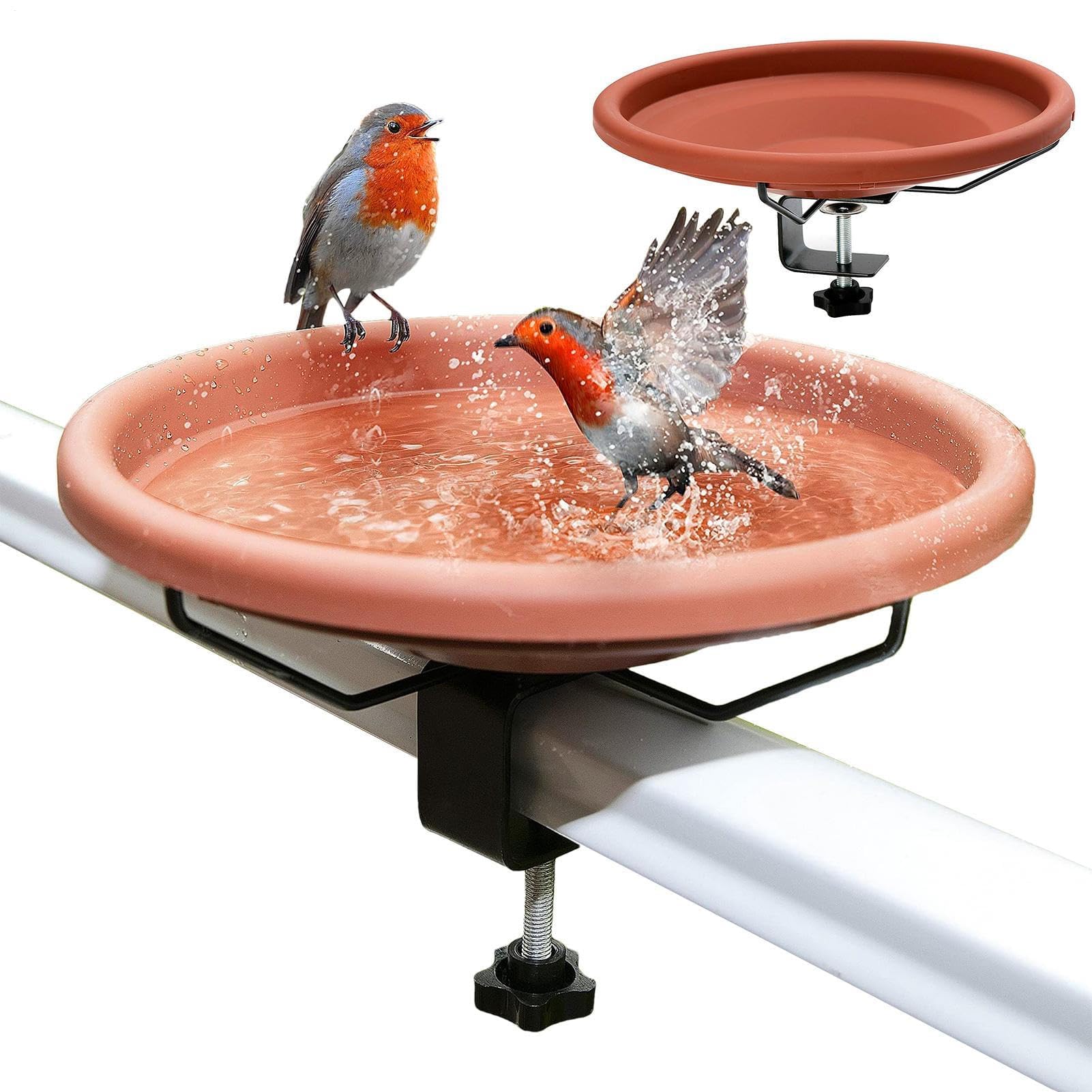 Baño para pájaros – Comedero desmontable ajustable de 26 cm para vallas y barandillas, ideal para jardines al aire libre, porches y patios traseros