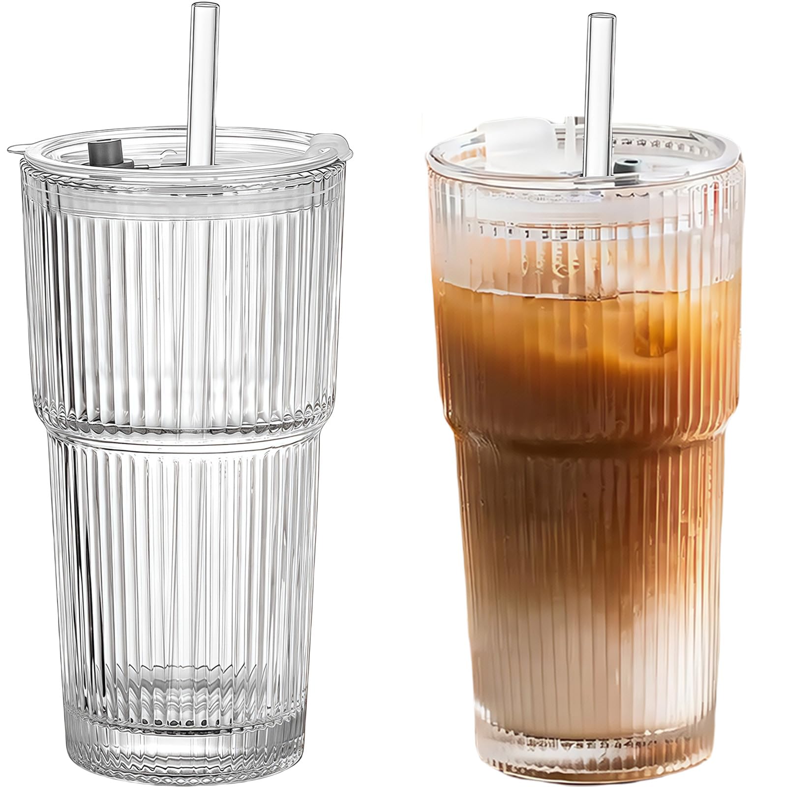 Lot De 2 Verres à Matcha Avec Couvercle Et Paille - 600 Ml - Pour Café Glacé, Smoothie, Thé - En Verre
