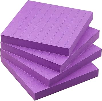 Lined Sticky Notes 3x3 Sticky Notes with Lines Self-Stick Notes Bright Color 4 Pads 90 Sheets/Pad Purple