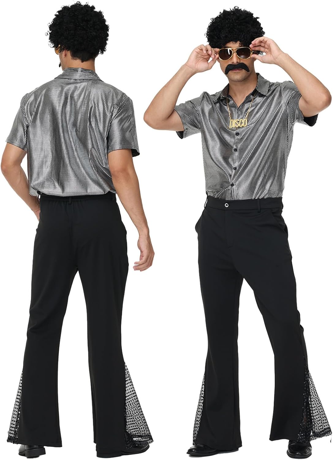 7Pcs Mens 70s Disco Costume, Retro Shirt Bell Bottom Pants Wig Sunglasses Necklace Wig Cap for Disco Party - Image 3