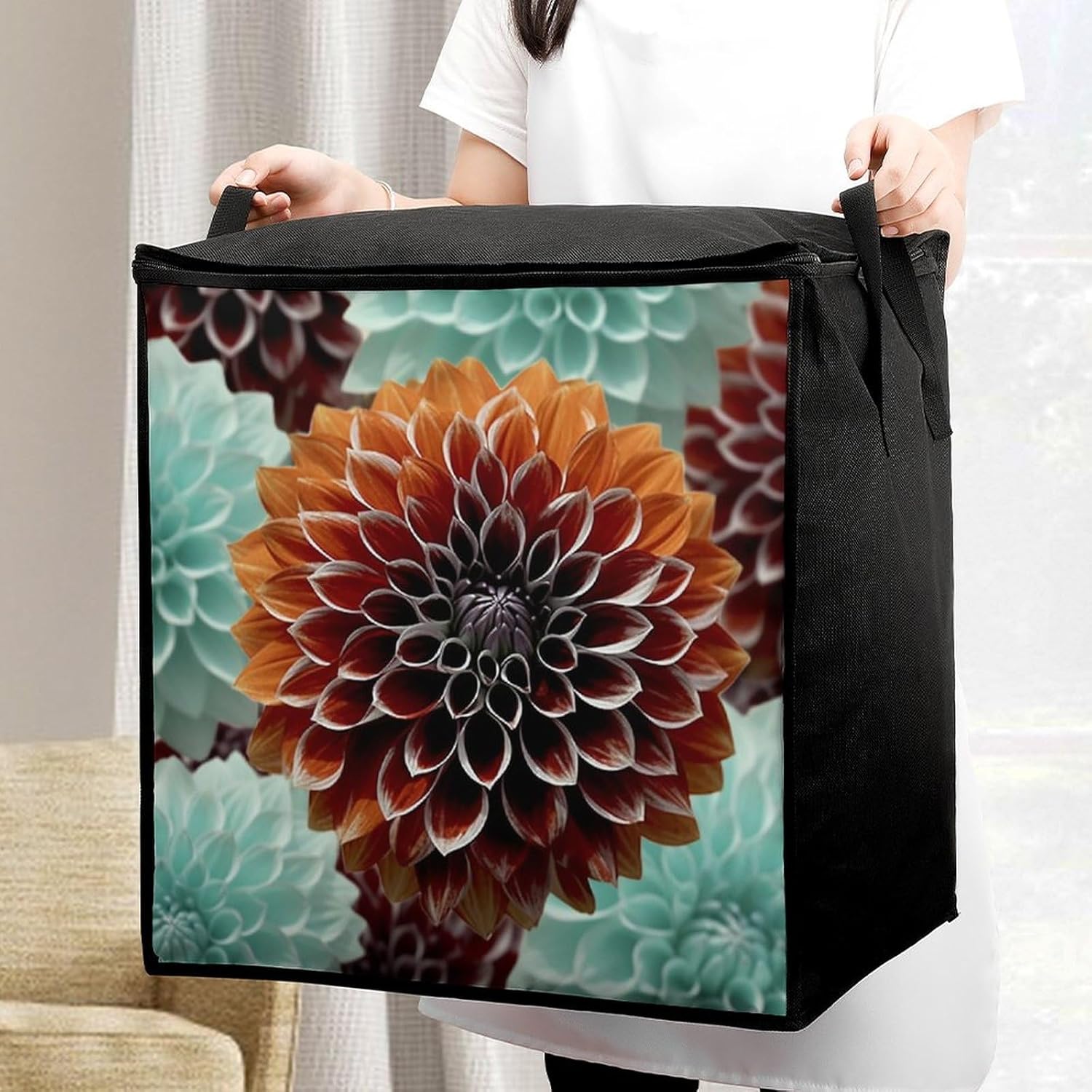 Quilt Storage Bag,Dahlia Flower Printed Large Foldable Storage Container Portable Travel Storage Bag for Blankets, Quilts, Clothes, Comforter, Bedding And Pillows