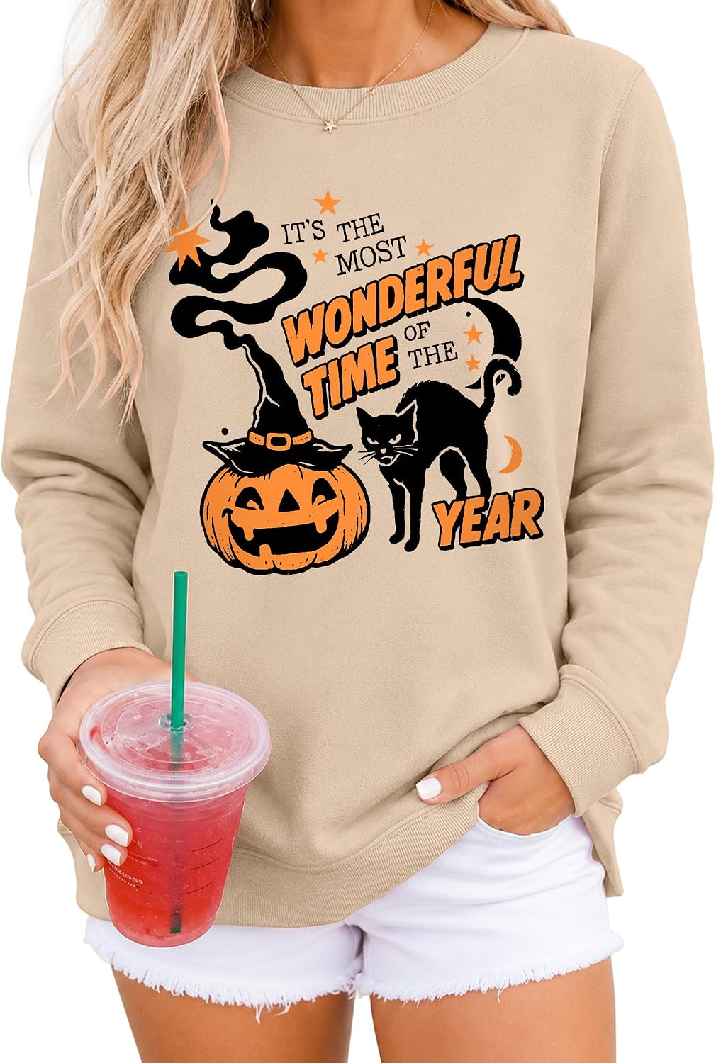 Halloween Sweatshirts for Women Black Cat Sitting on Pumpkin Fall Pullover Top Pumpkin Face Long Sleeve Sweatshirts