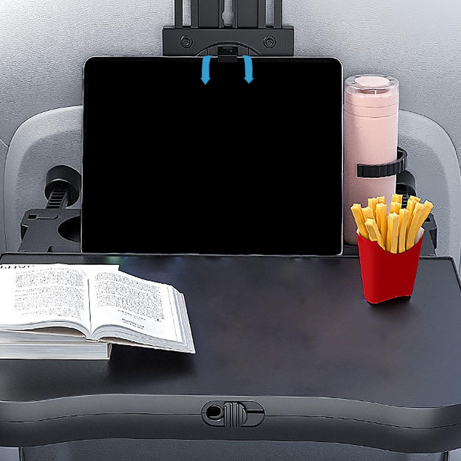 Bandeja Plegable para Comida en Asiento Trasero, Soporte para Teléfono con Almohadilla Antideslizante Multifunctional Adjustable Travel Tray