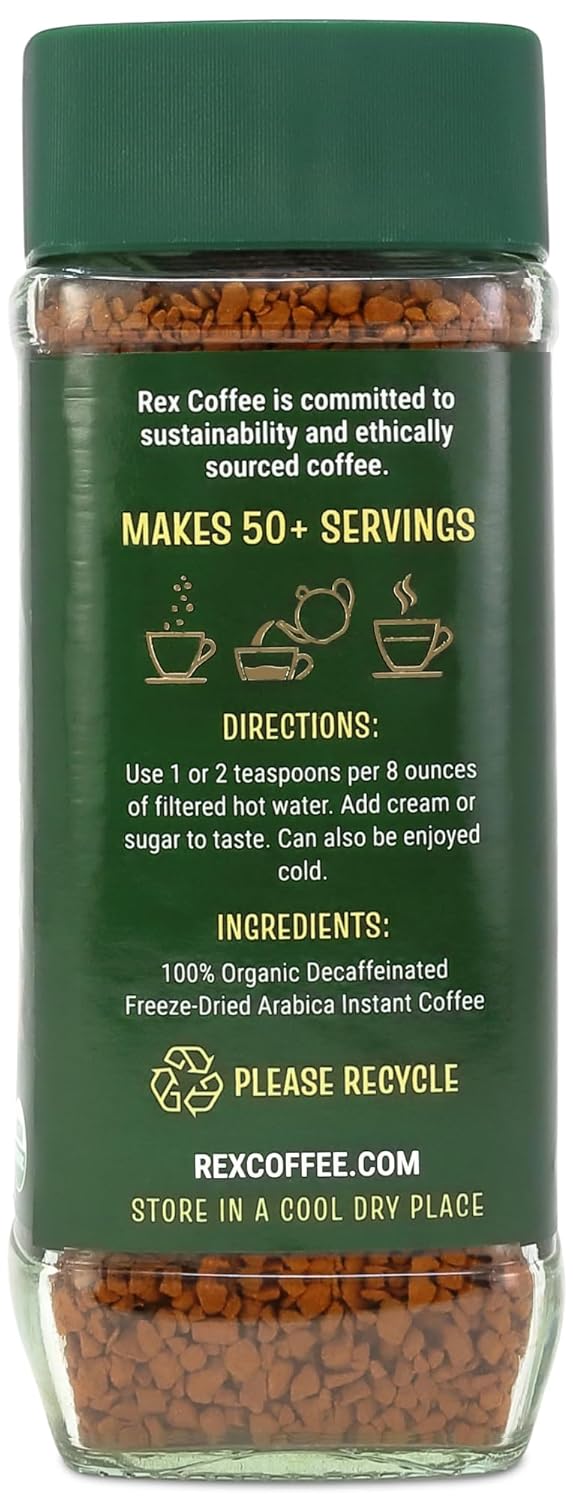 Rex Organic Fairtrade Natural Decaf Freeze-Dried Instant Coffee – Naturally Decaffeinated Arabica, 3.53 oz Glass Jar (Pack of 3) – Lab Tested for Mold & Mycotoxins