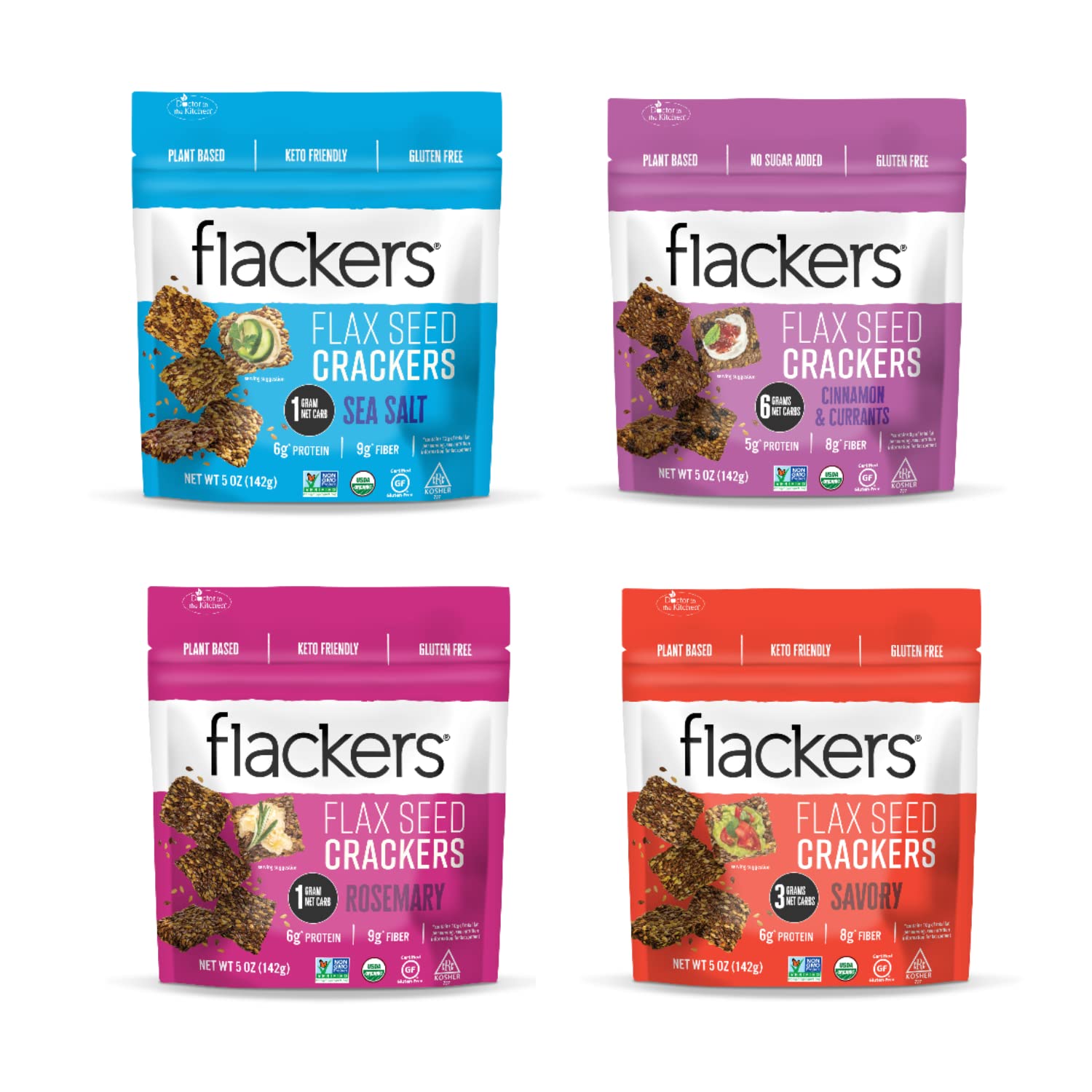 Flackers Organic Flax Seed Crackers Variety Pack, Sea Salt, Rosemary, Savory and Cinnamon, Gluten Free, Non-GMO, Vegan, Low Carb snacking, Pack of 4