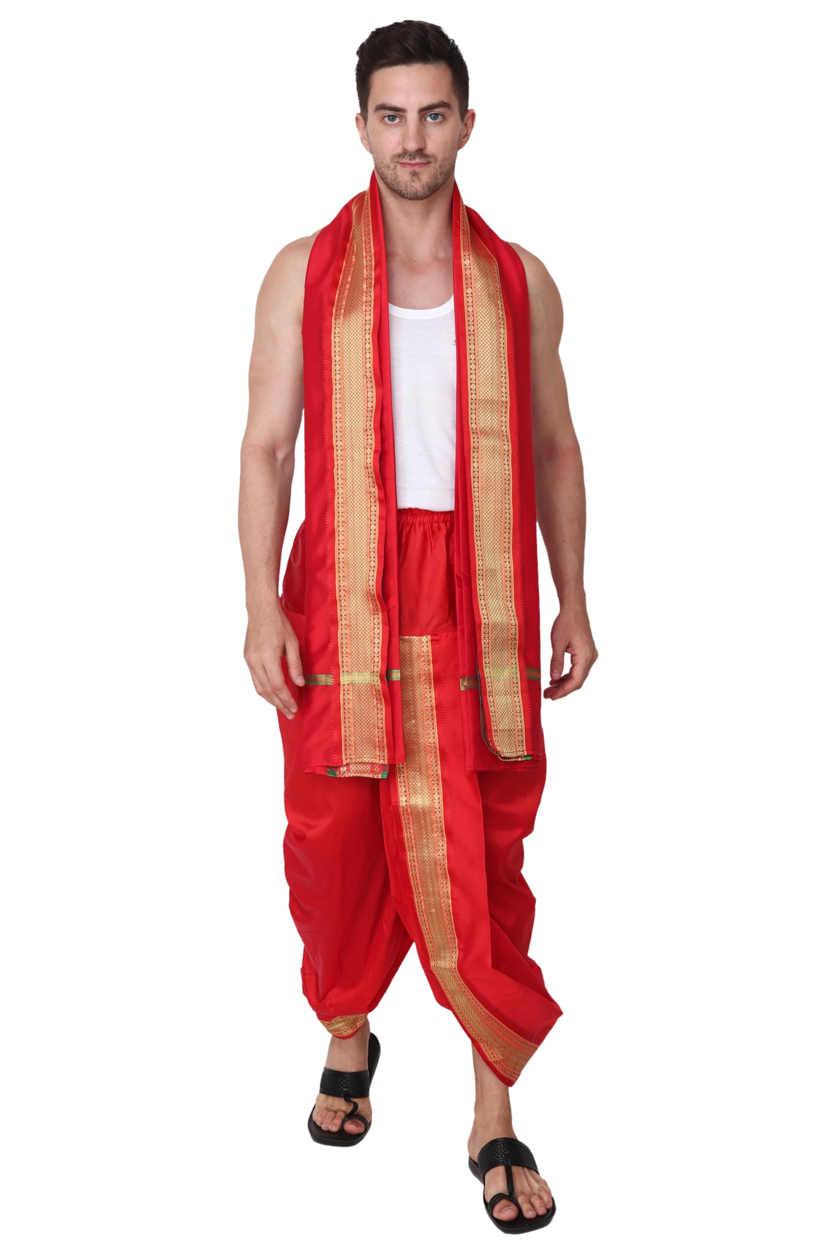 Rameshwaram Fabrics Readymade Dhoti for men with Sherwani Style Silk Kurta, Suitable for Marriage, Pooja, Festival (M-Medium-38, Red) - Image 3 thumbnail