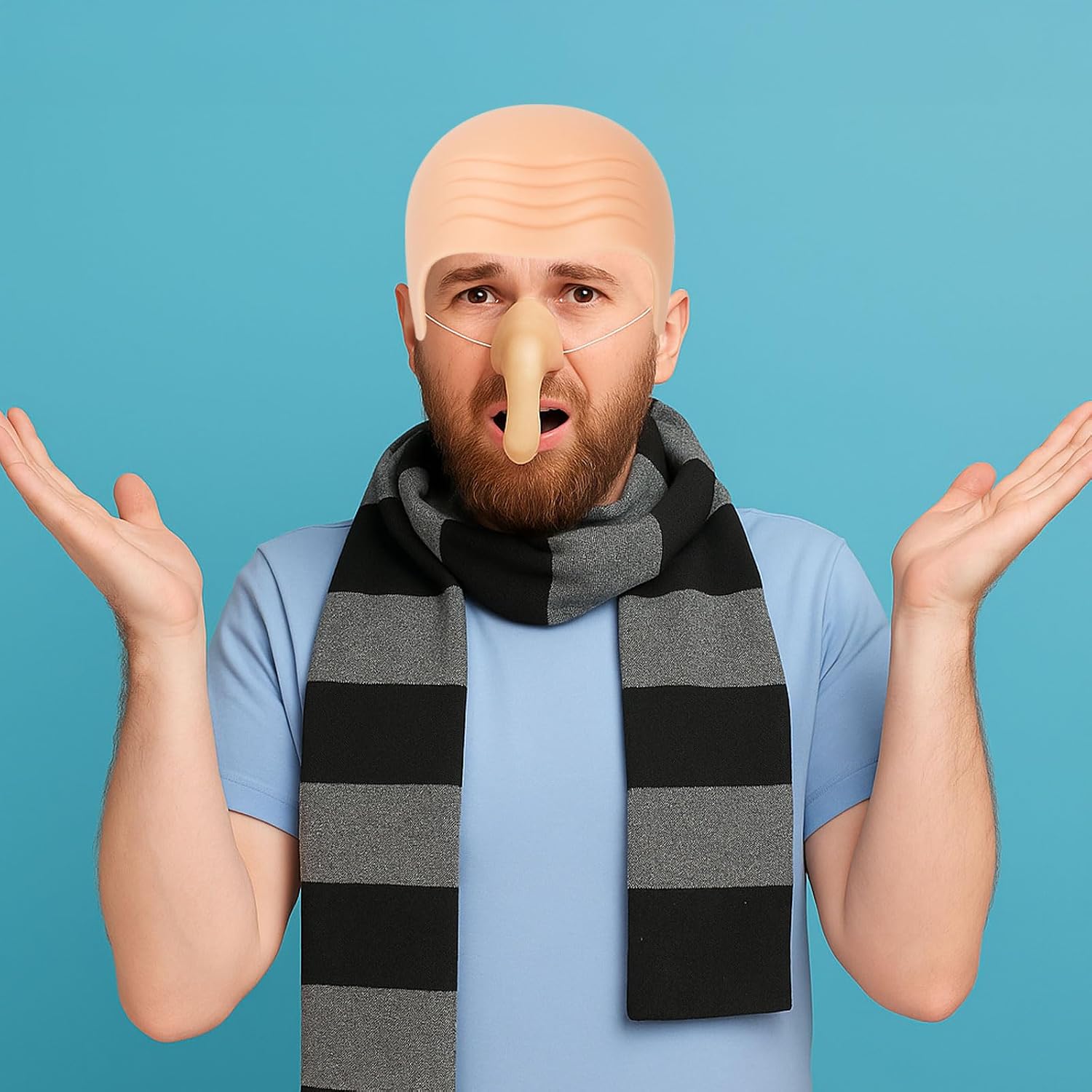 5 Pack Halloween Costume Accessories for Adult, Cosplay Cartoon Characters Costumes, Black Striped Scarf/Fake Nose/Latex Bald Head/Wig Cap Halloween Party Set for Men Women