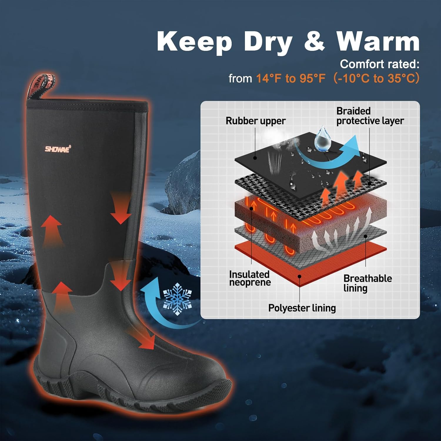 Showave Rubber Boots for Men Insulated Rain Boots Men Neoprene Waterproof Boot Mud Hunting Boot for Gardening Working Farming - Image 5