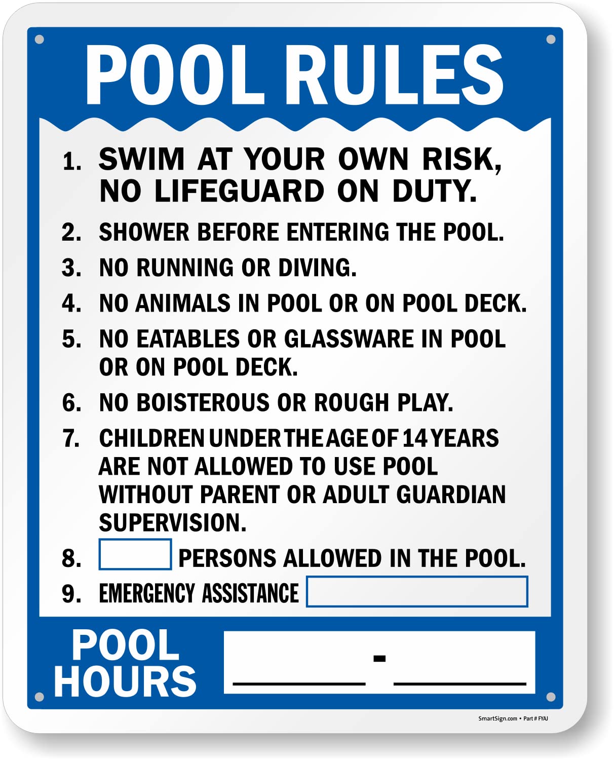 SmartSign 30 x 24 inch “Pool Rules - Pool Hours” Write-On Metal Sign with Pre-Cleared Holes, Screen Printed, 80 mil Laminated Rustproof Aluminum, Blue, Black and White