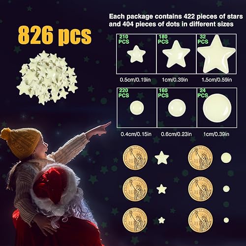 Miniatura 12 de Calcomanías de pared de estrellas y luna que brillan en la oscuridad, 252 puntos en 3 tamaños para techo/paredes, perfecto para regalo de cumpleaños