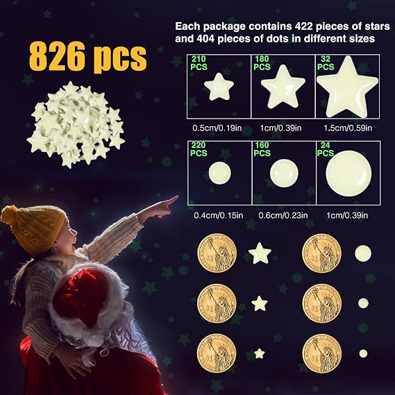 Realistic Tiny 3D Domed Glow in The Dark Stars, 826pcs Glow Dots and Stars, Adhesive Glow Stars for Kids Bedroom,Luminous Stars Stickers Create a Realistic Starry Sky,Room Decor,Wall Stickers