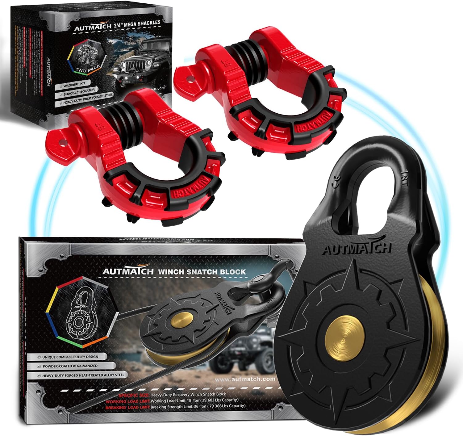 AUTMATCH Mega Shackles 3/4" with Winch Snatch Block Pulley 18 Ton, Max 79,366Lbs Break Strength, Heavy Duty Off Road Recovery Towing Pulley Blocks Winch Rope, ATV, UTV, Truck, Red