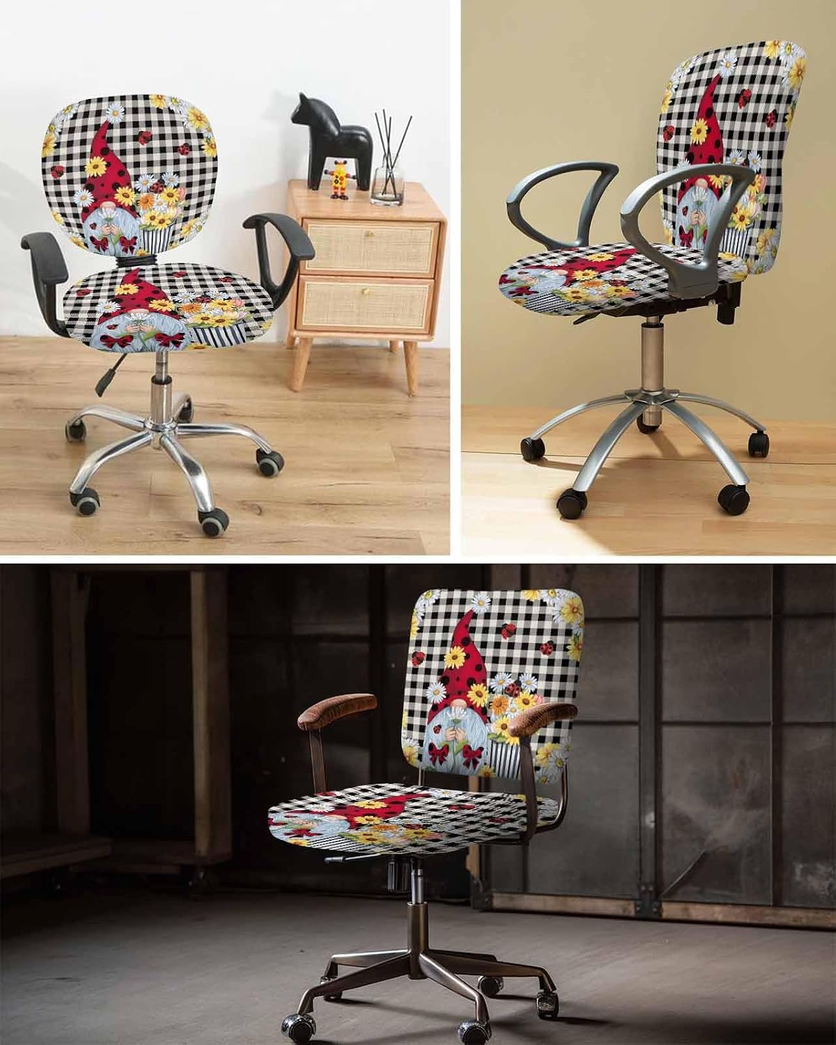 YOKOU Office Chair Covers Stretchable, Pastoral Gnomes Wildflowers Elastic Removable Rotating Desk Chair Slipcovers Computer Chair Seat & Back Cover Set Classic Black Buffalo Plaid